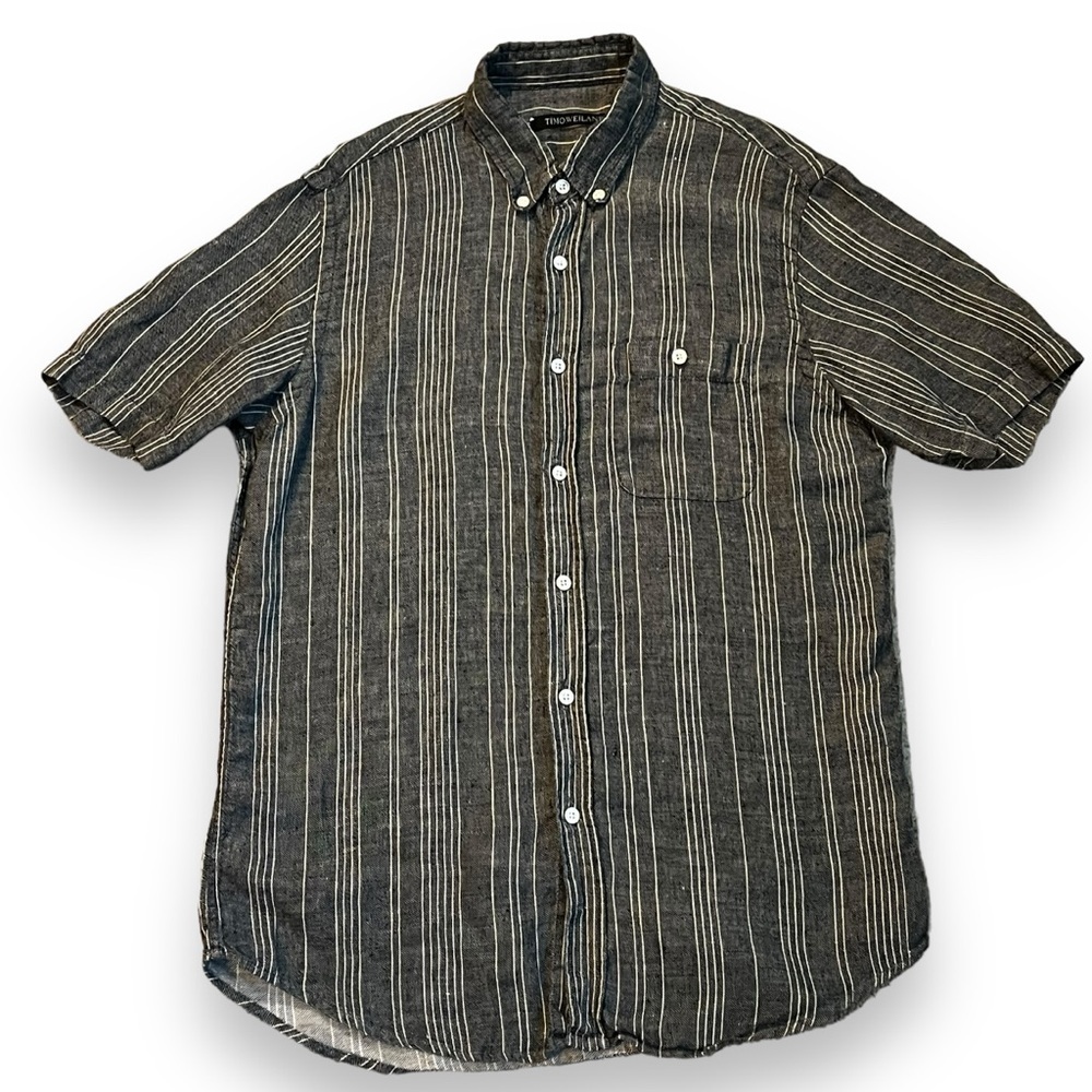 Timo Weiland 100% Linen Button Down Shirt Short Sleeve Striped Designer Large